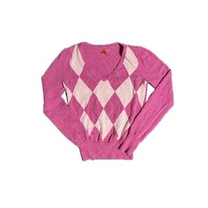 V Neck Plaid Pink And White Sweater